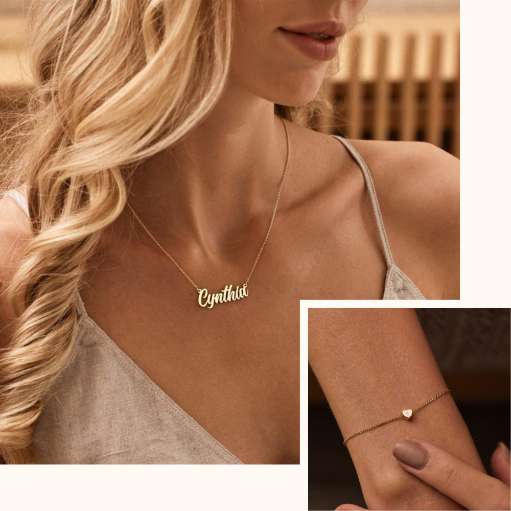 Collier personnalisé en or 14 carats avec nom et bracelet GRATUIT